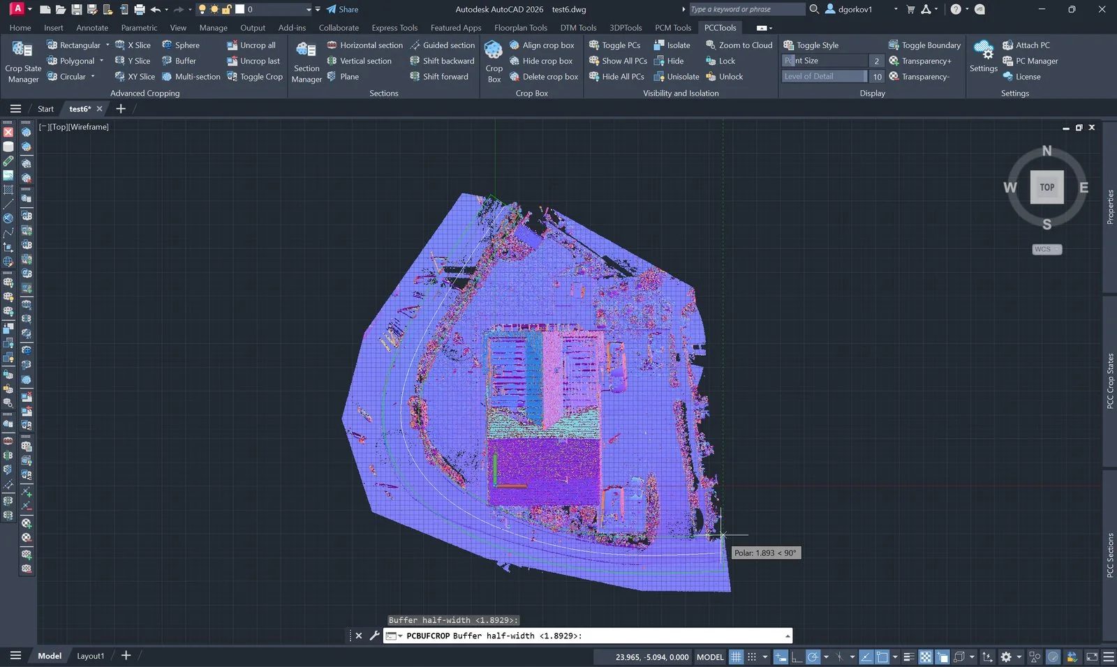 PCBUFCROP corridor preview around a centreline in an AutoCAD point cloud