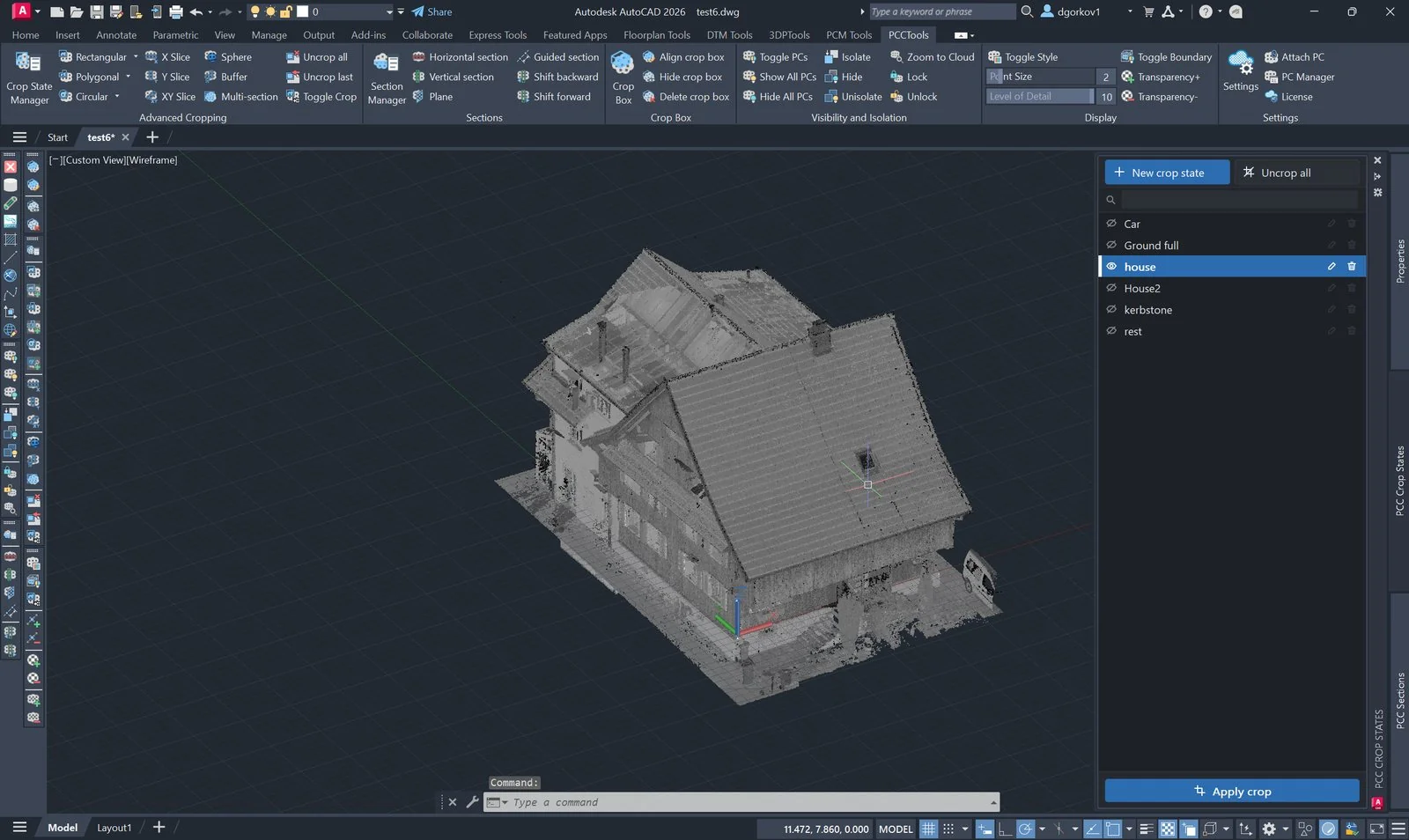 PCCTools Crop State Manager docked beside a point-cloud drawing