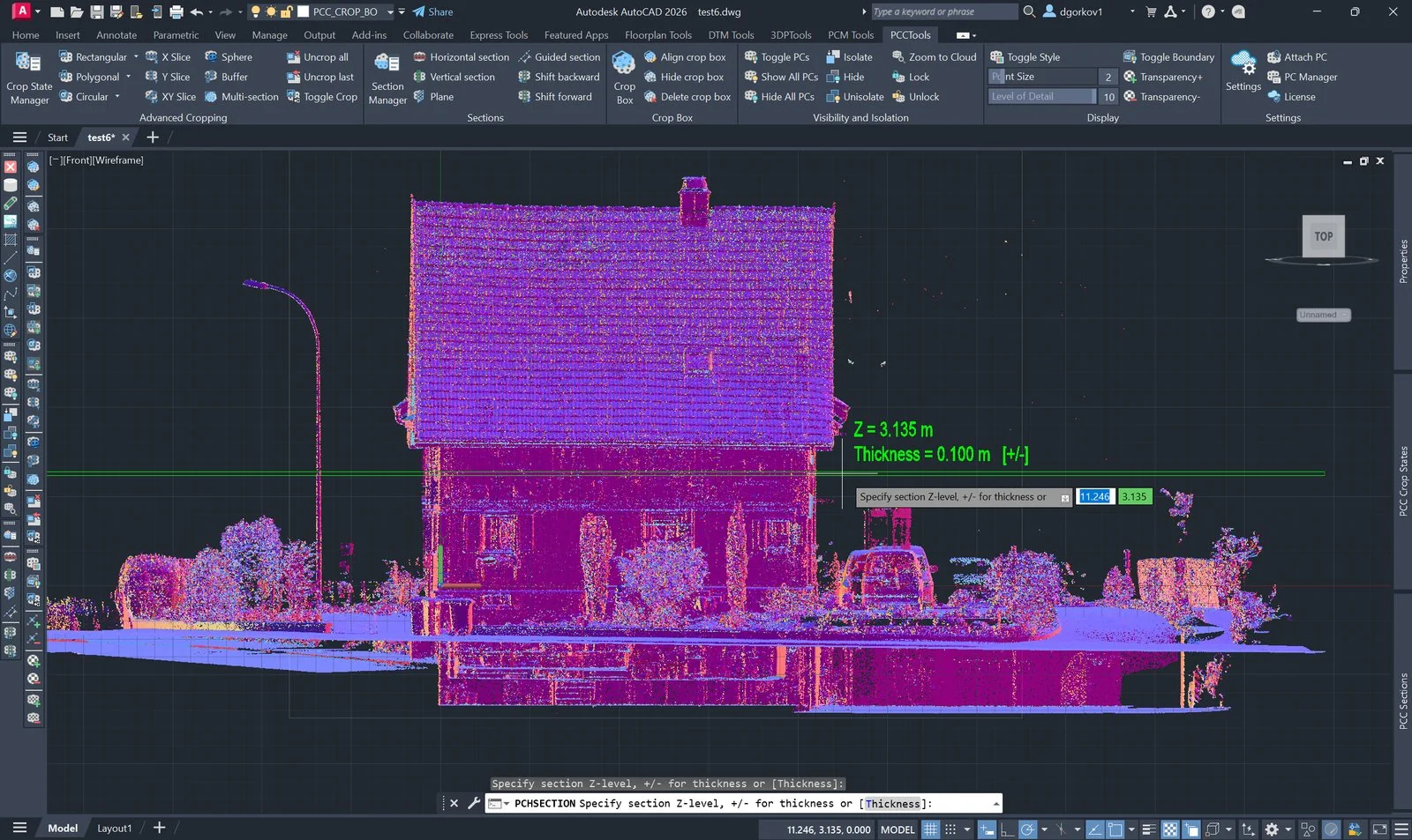 PCHSECTION previewing a horizontal slab at a chosen elevation in a point cloud