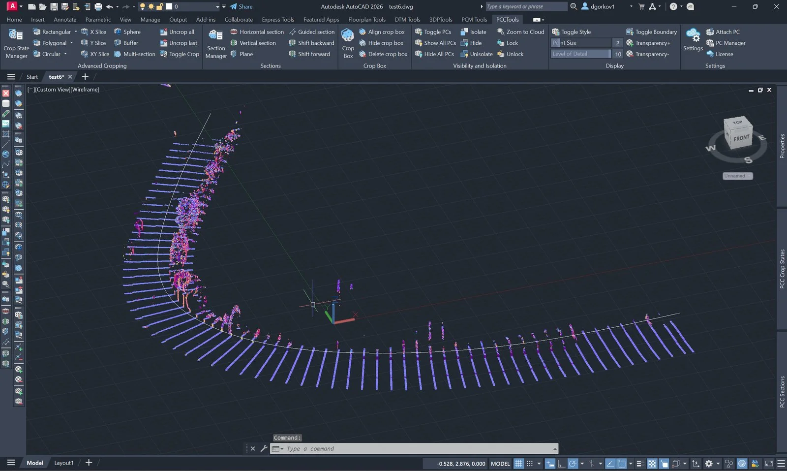 Point cloud cropped to evenly spaced cross-sections along a curved axis