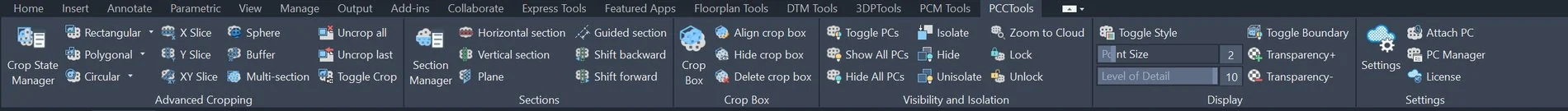 The PCCTools ribbon tab in AutoCAD with its six panels