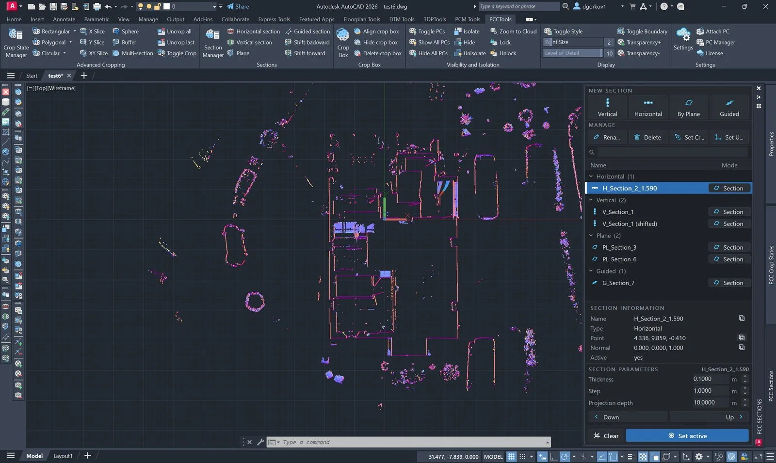 PCCTools Section Manager listing controlled point-cloud sections