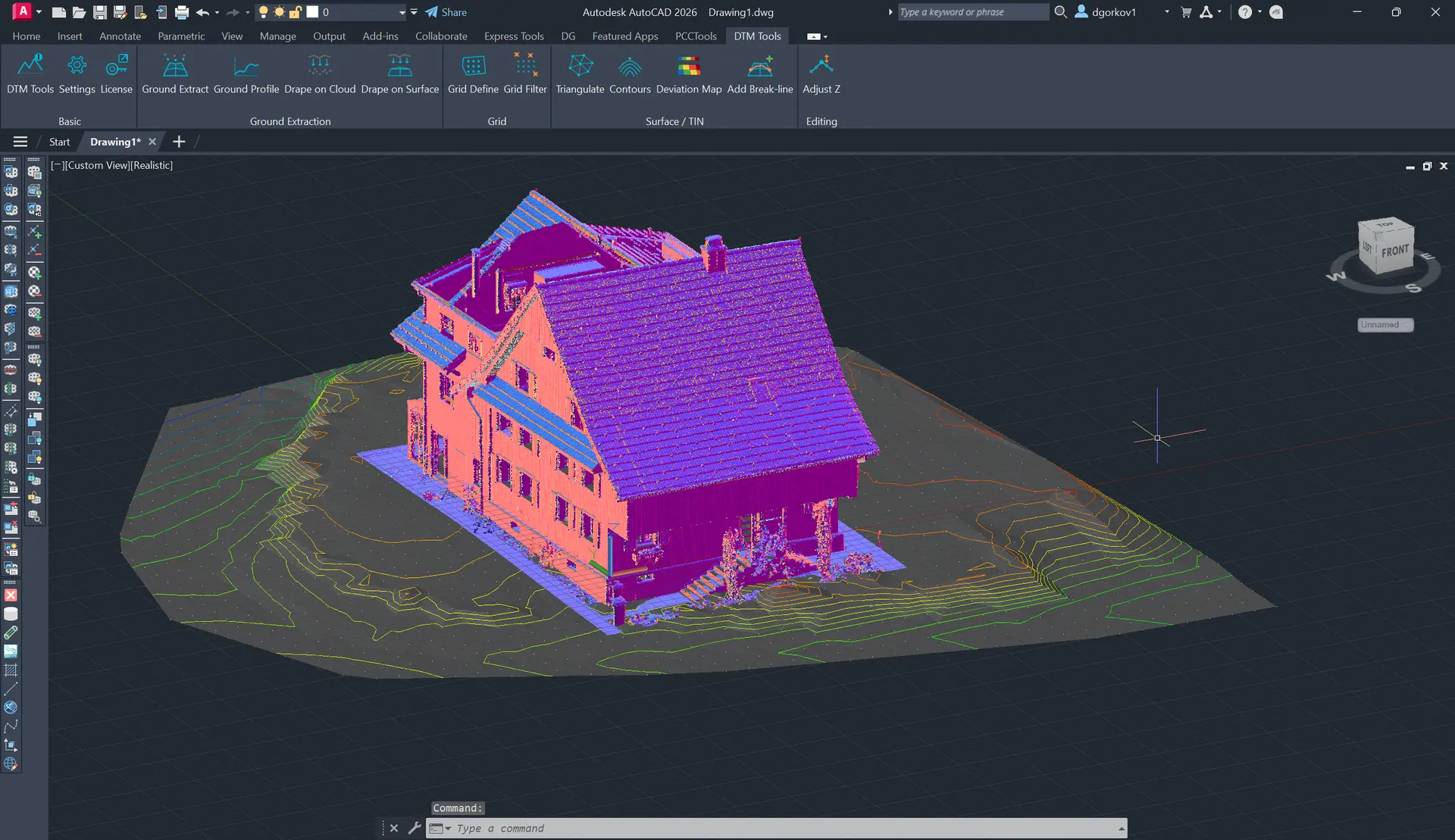 DTM Tools terrain surface and contours displayed with a point cloud in AutoCAD