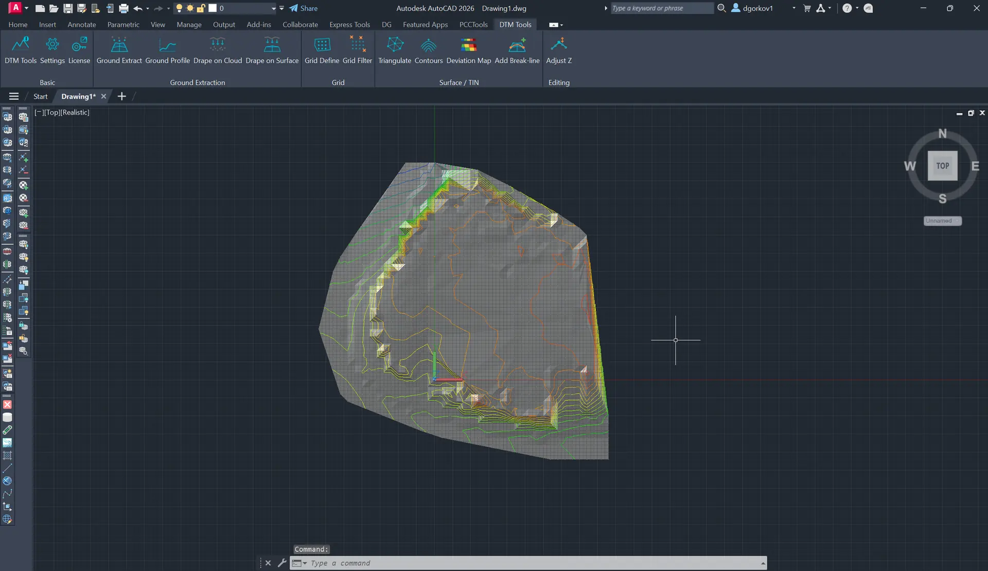 TIN terrain surface with colour-coded contours in AutoCAD