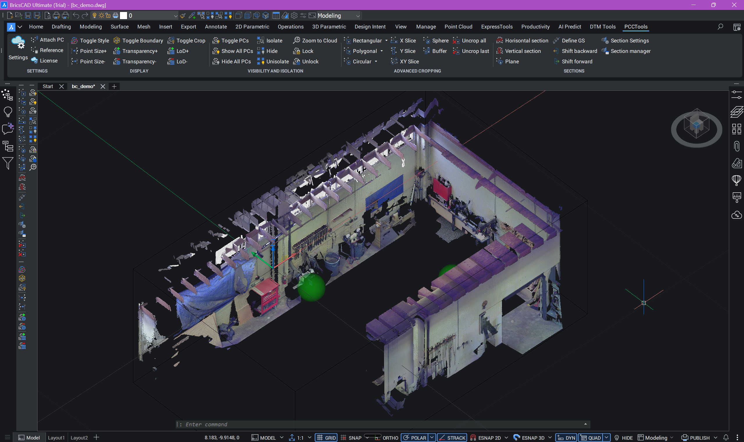 PCCTools for BricsCAD crop box around a building point cloud