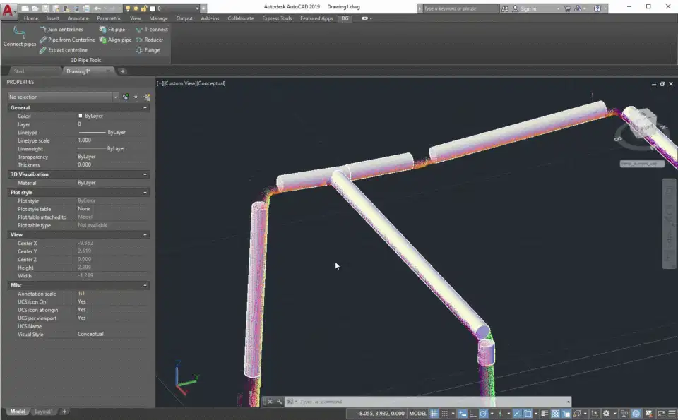 Animated demonstration of connecting pipe solids with elbows