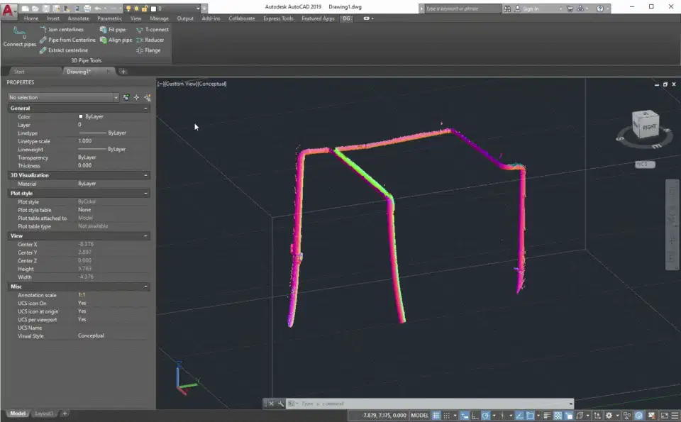 Animated point-cloud pipe fitting workflow in AutoCAD